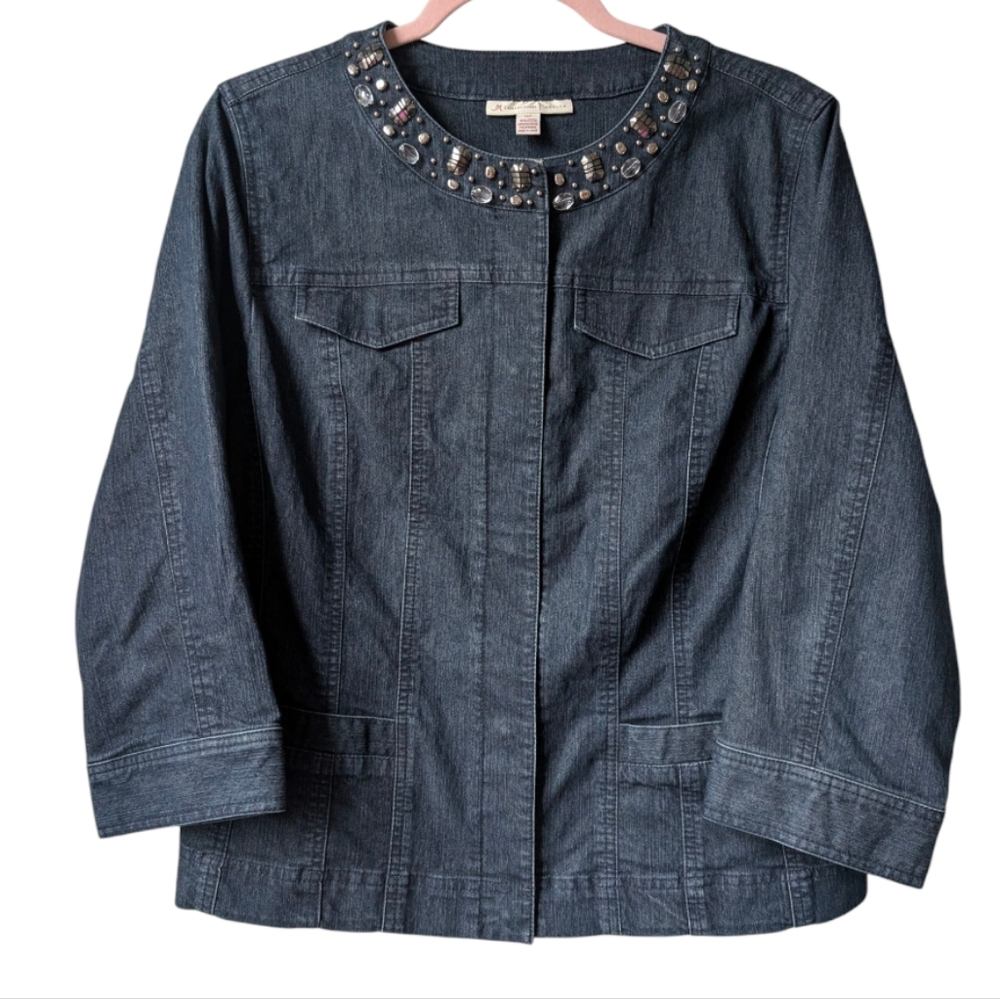 JM Collection Embellished Dark Wash Denim Jacket Size 14 Petite